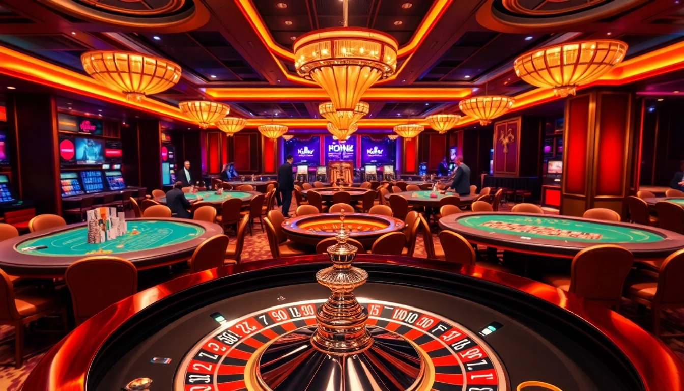 Exciting gambling scene with poker chips and playing cards at https://nohu90k.com/ game tables.