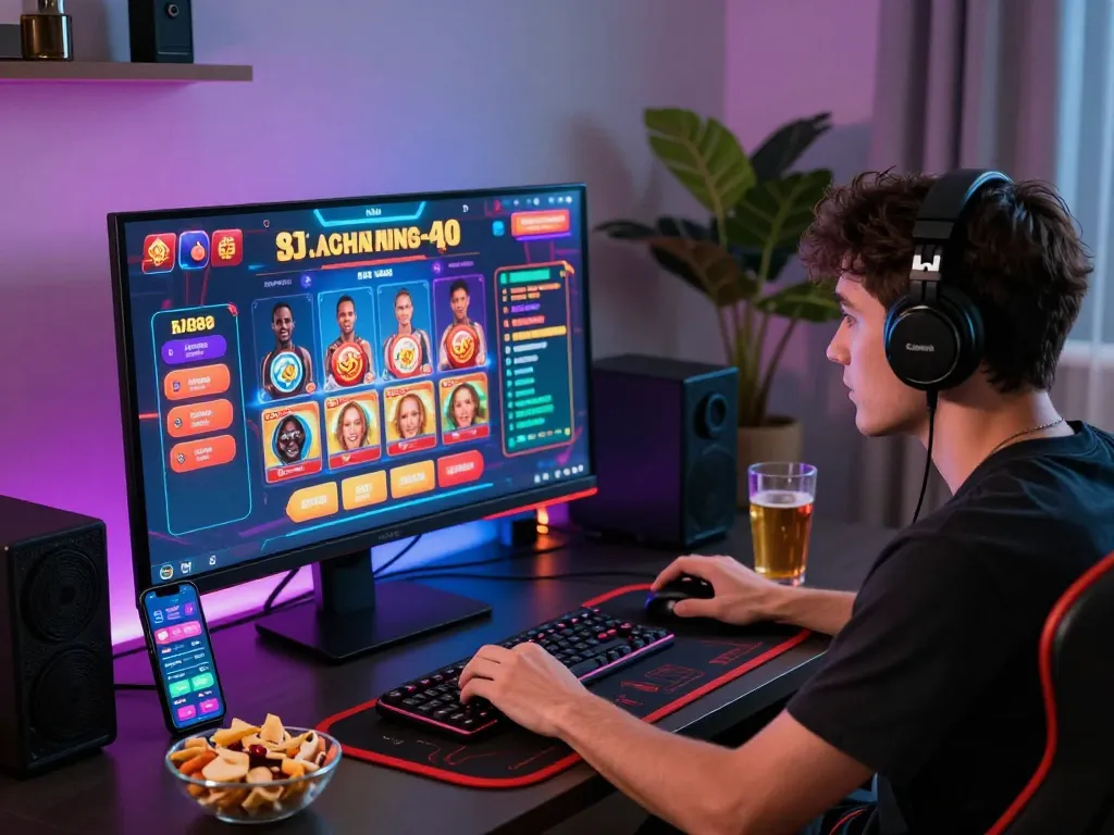 Player enjoying BJ888 online gaming experience at home with vibrant atmosphere