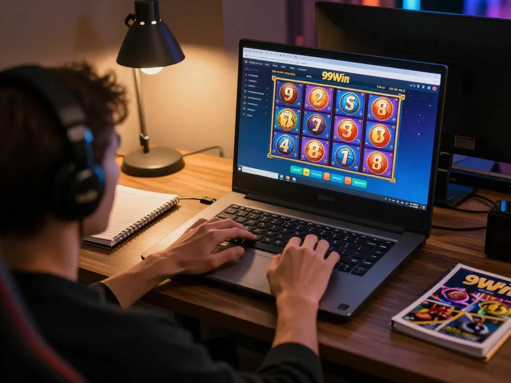 Engaging online gaming experience at 99Win with vibrant slot games on laptop