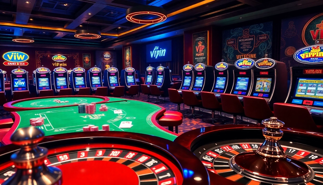 Engaging with vipwin casino tables, bright slot machines, and luxurious poker setups.