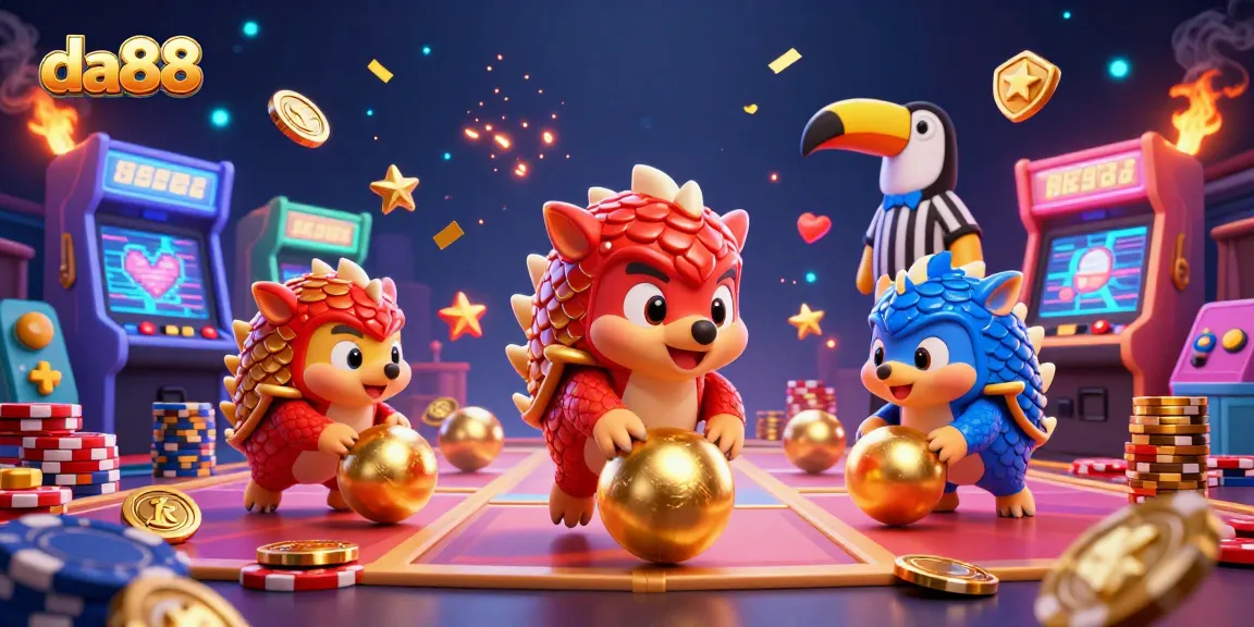 Experience thrilling action at da88, as pangolins compete amid golden chips and colorful game elements.