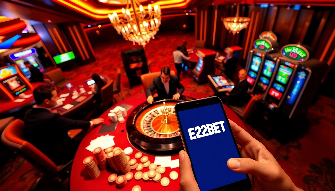 E2BET players enjoying a thrilling bet at a luxurious online casino with vibrant tables and glowing slots.
