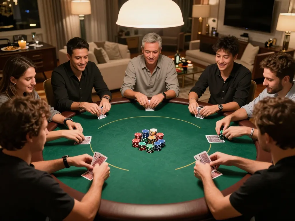 Players at an engaging home poker game featuring ALO8 cards and chips in a cozy setting.