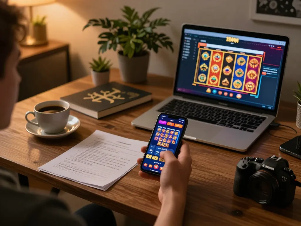 Engage with the 11WIN casino app in a cozy home gaming setup, highlighting responsible gambling practices.
