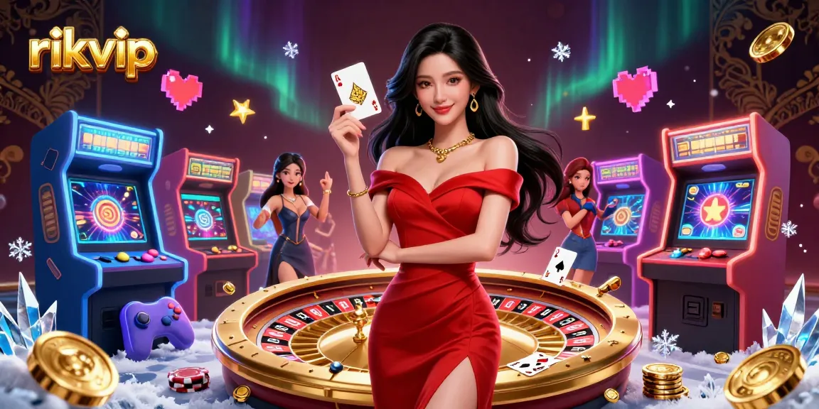 Play exciting games at rikvip, featuring a beautiful scene with a confident woman holding a golden playing card.