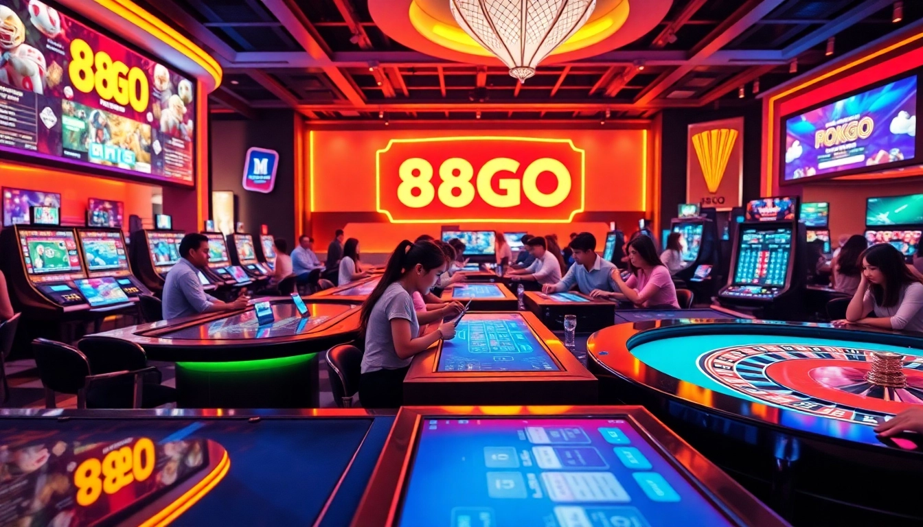88GO online gaming experience featuring vibrant casino tables and happy players engaging with mobile apps.