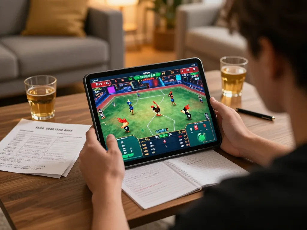 Watching đá gà trực tiếp online on a tablet with intense match highlights and strategic gaming notes