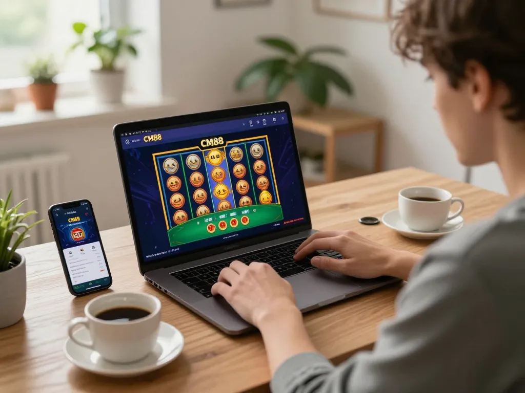 Engaging online gaming at home with CM88 platform on laptop screen, creating a dynamic gambling experience.