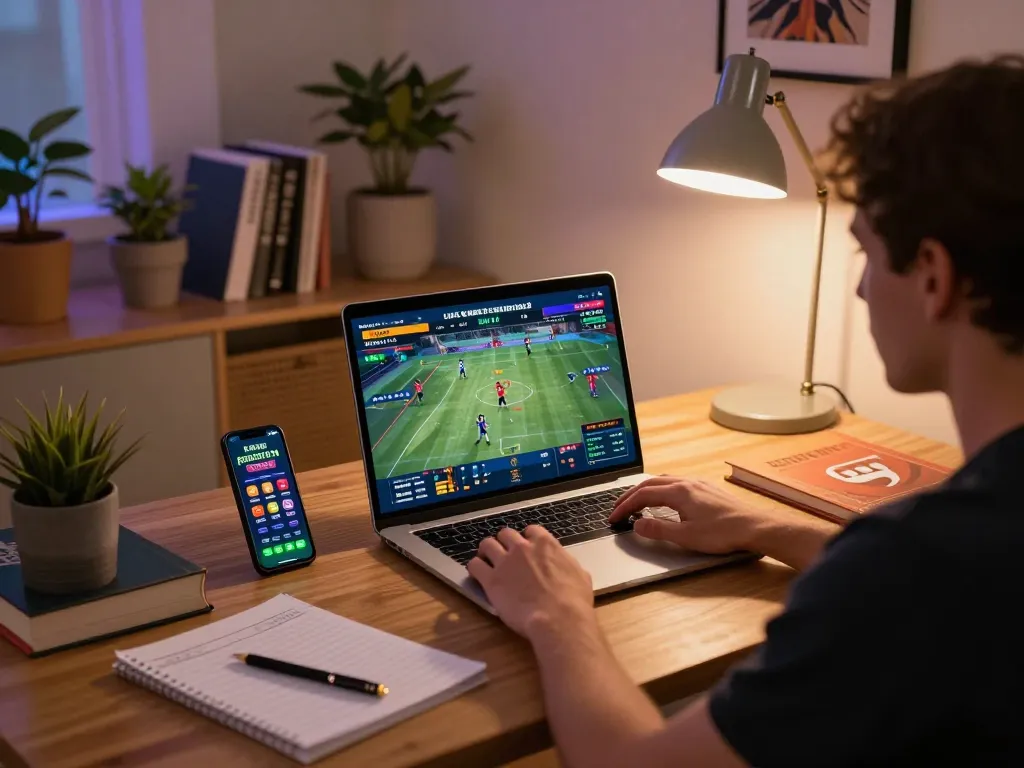 Engaging in sports betting on TOPBET app while enjoying a cozy home office environment.