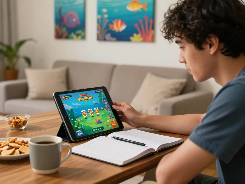 Bắn Cá Nổ Hũ gameplay displayed on a tablet in a cozy home, showcasing strategic online gambling.