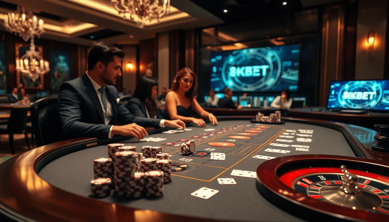 Experience thrilling gameplay at https://8kbet3.com/ with an engaging casino table scene.