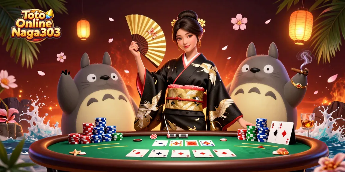 Toto Online Naga303 poker scene showcasing traditional gaming with vibrant Japanese elements and atmospheric details