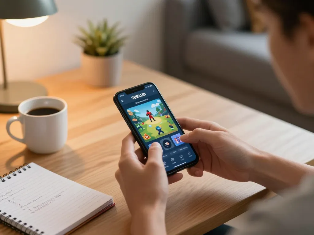 Engaging user plays 789CLUB on smartphone with strategic notes nearby in a cozy home.