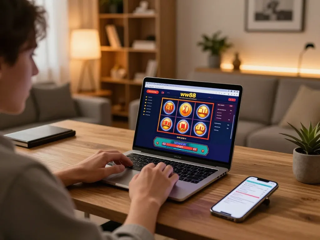 Engaged player using ww88 for online casino games in a cozy home setting, showcasing strategic gaming atmosphere.