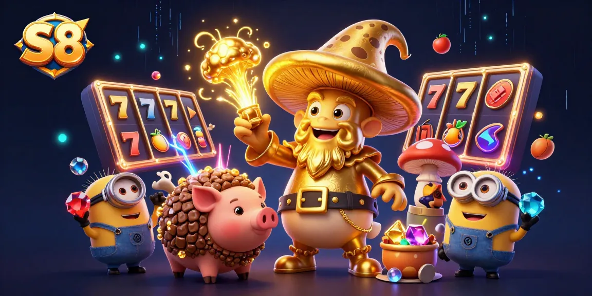 S8 casino scene showcasing a magical golden mushroom wizard and treasure-sniffing pig amidst vibrant slot elements.