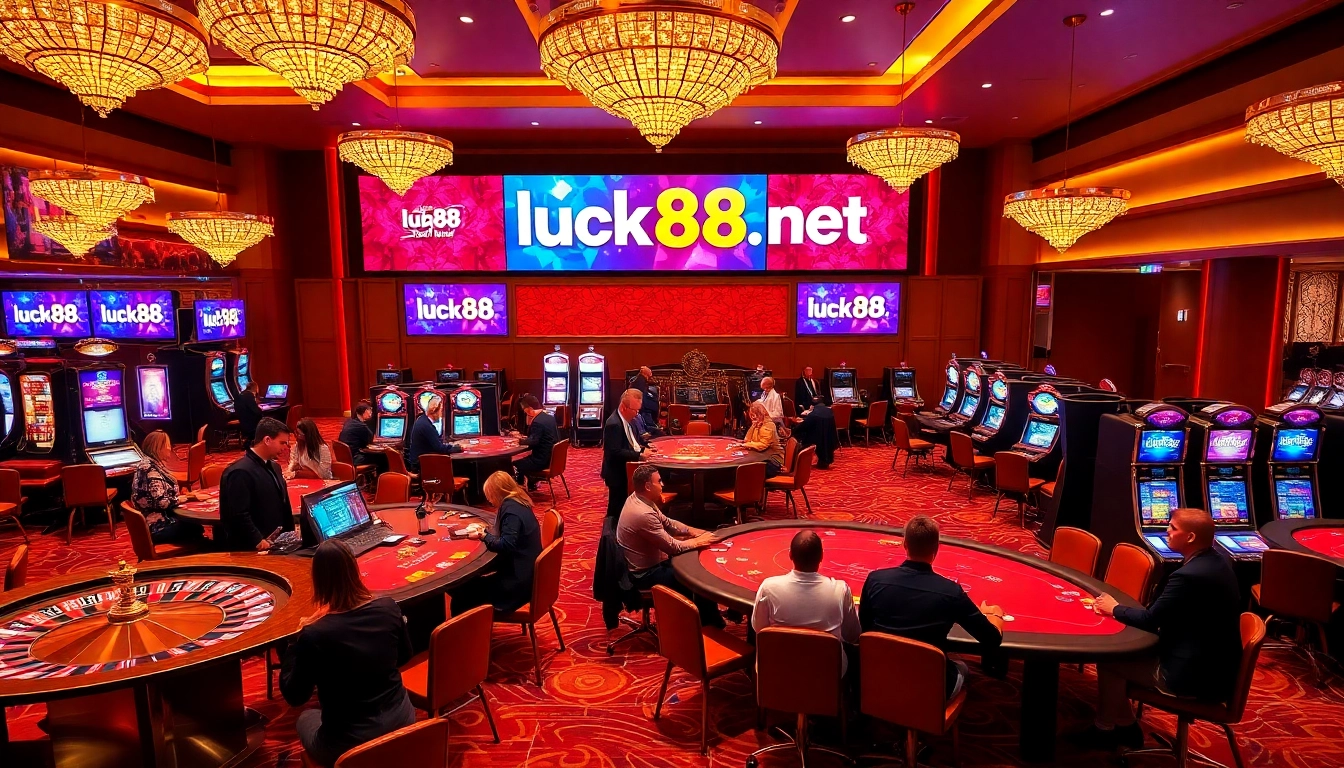 Engaging gaming scene at luck88 net featuring roulette and poker tables.