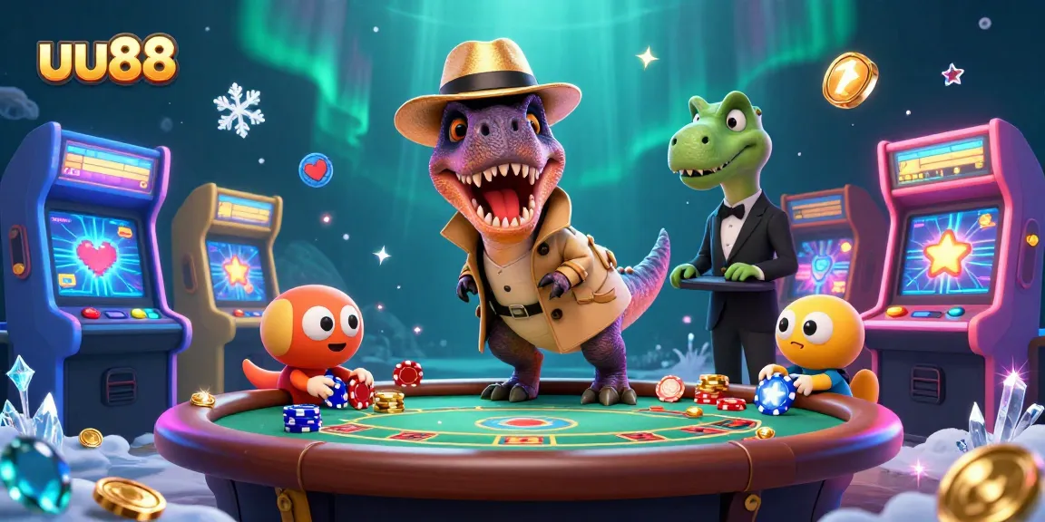 Experience thrilling gaming action at uu88 with a velociraptor card counter and vibrant casino elements.