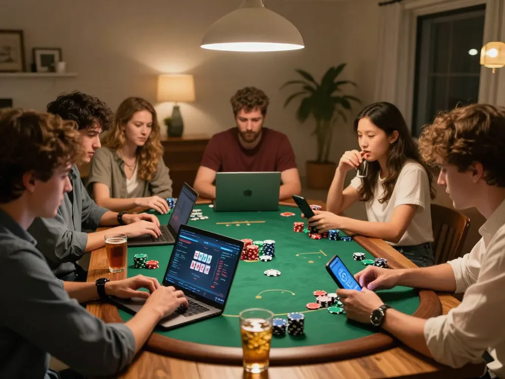 Engaging home gaming atmosphere with friends playing poker online at https://789win2.us.com/ showcasing strategy and camaraderie.