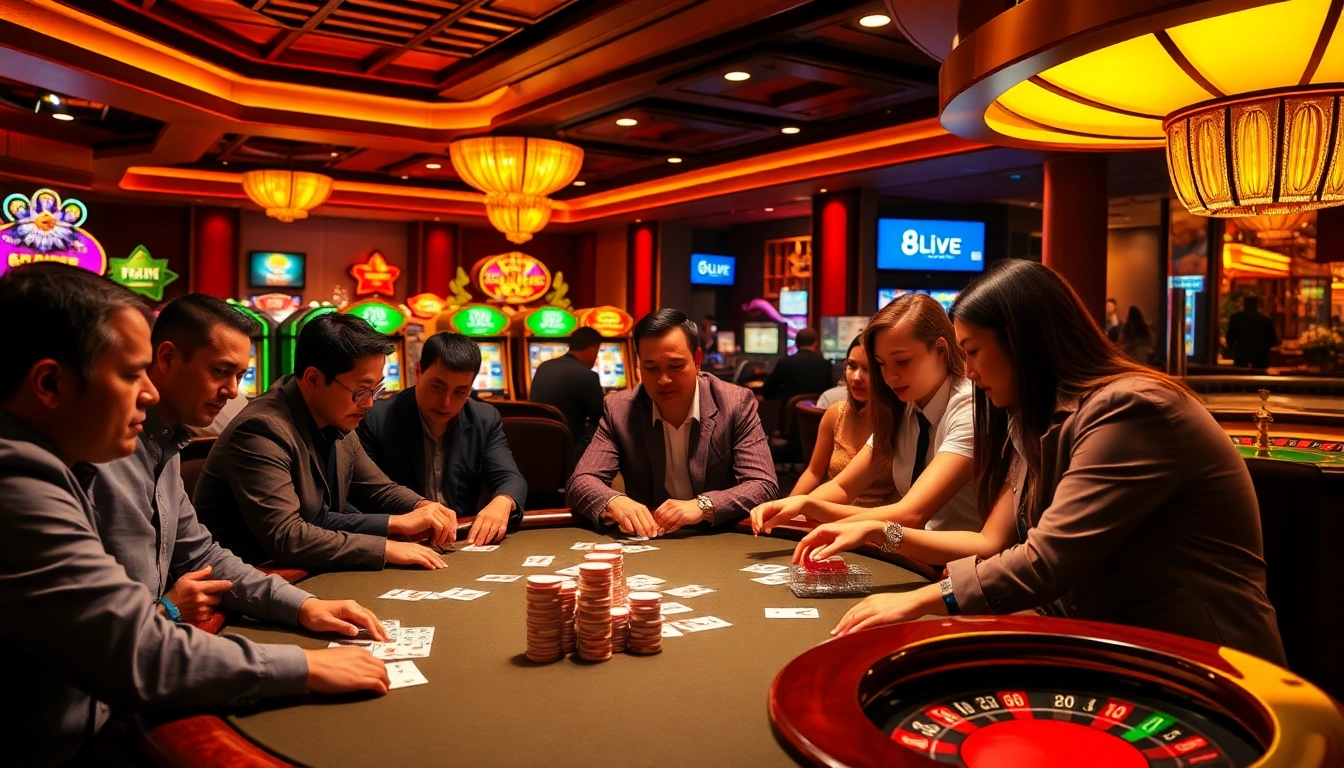 Experience excitement at 8LIVE as players engage at tables and slot machines in a luxurious casino.