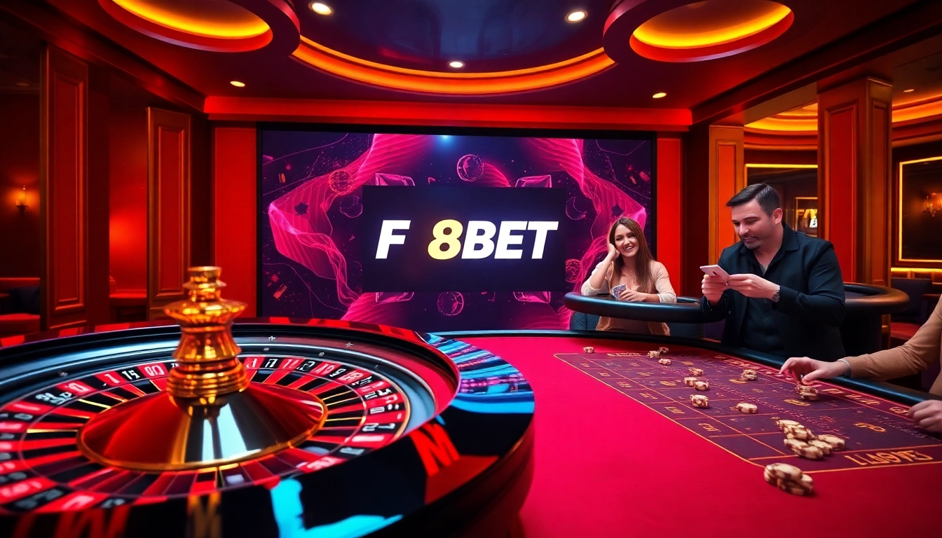 Players enjoying casino games at F8BET with roulette wheels and poker tables.