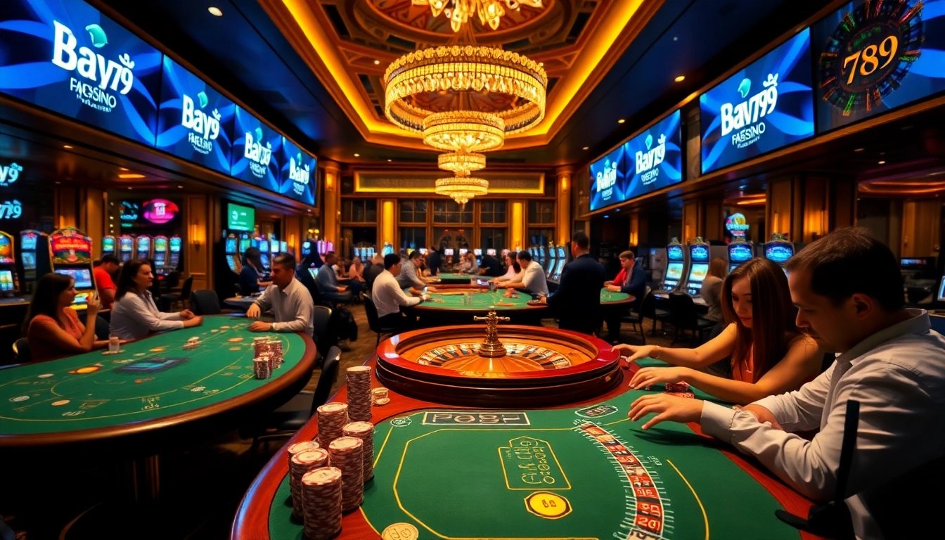 Experience Bay789's luxurious casino atmosphere with players enjoying poker games and roulette.