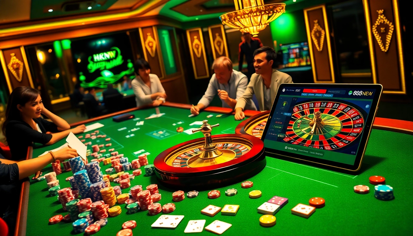 Experience the thrill of 888NEW with vibrant chips and players at a luxurious casino table.