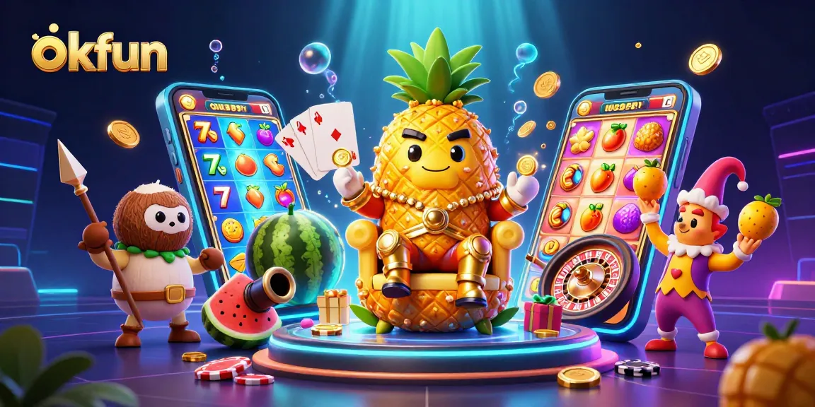 Engage with exciting slot games and win big at okfun with a vibrant casino-themed illustration.