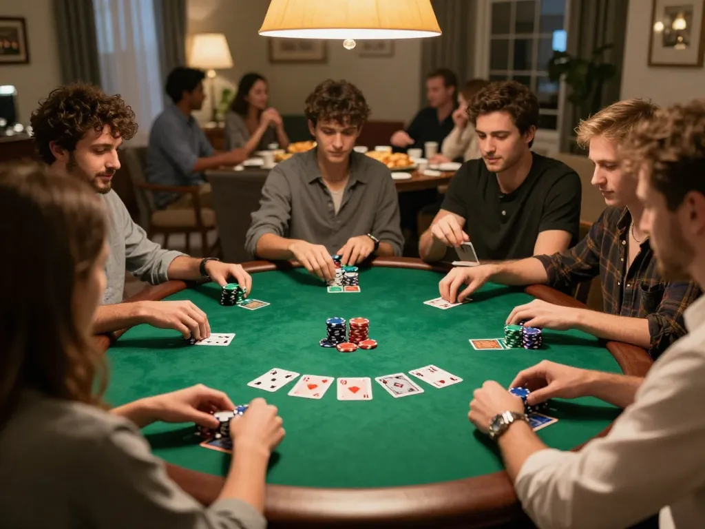 Friends strategizing poker bets at home, showcasing the engaging atmosphere of da88.