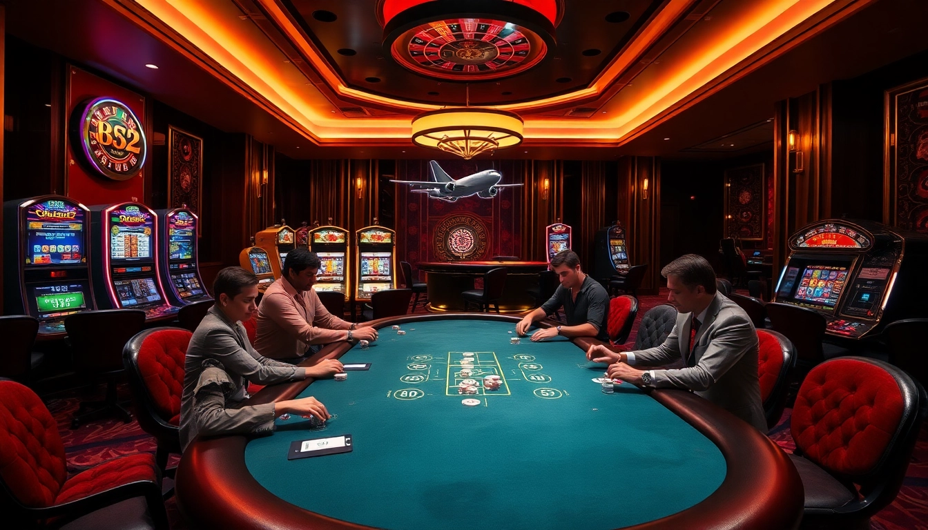 Players at a B52-themed casino table strategizing bets amidst luxury gaming ambiance.