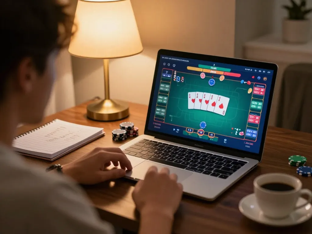 Engaging in dn88 casino online poker with a laptop, showcasing vibrant game interface.