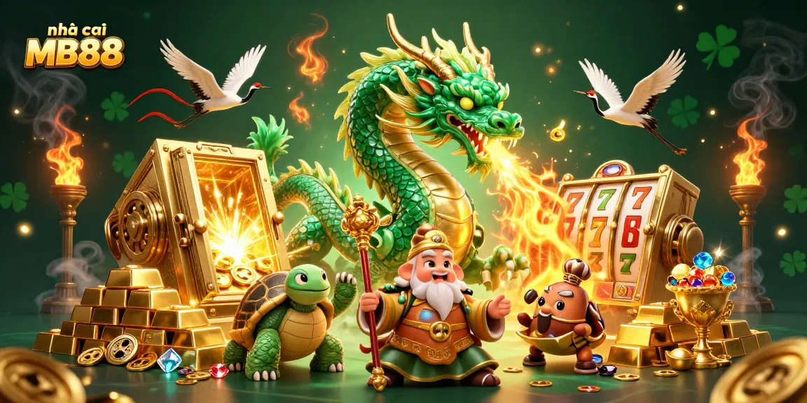 Experience the excitement at nhà cái MB88 with a majestic dragon and treasure in this dynamic casino scene.