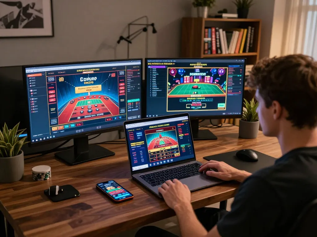 Engage in online gaming strategy at Vin88 with multiple screens showcasing vibrant casino options.