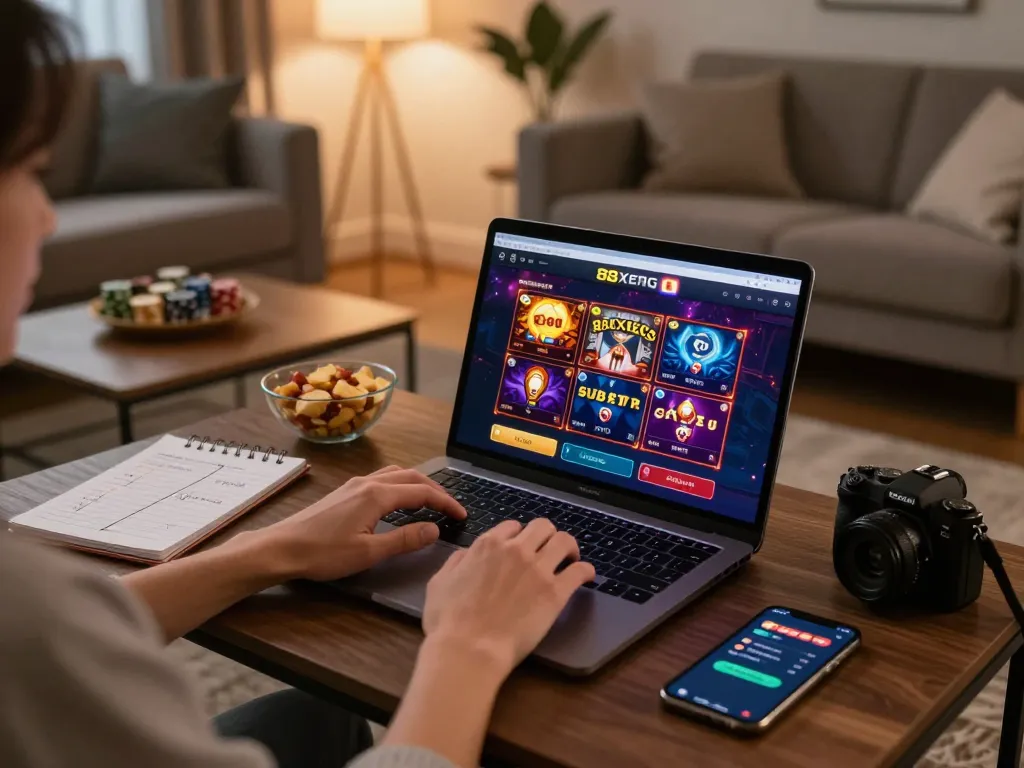 Engaging in online gambling at 88xeng from a cozy home setup with a laptop displaying vibrant game graphics.