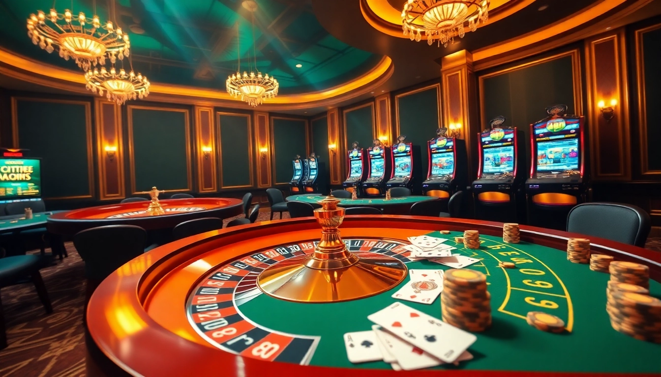Experience the thrill of online gambling at https://goal123.ac/ with a luxury casino backdrop, featuring roulette, poker, and slots.