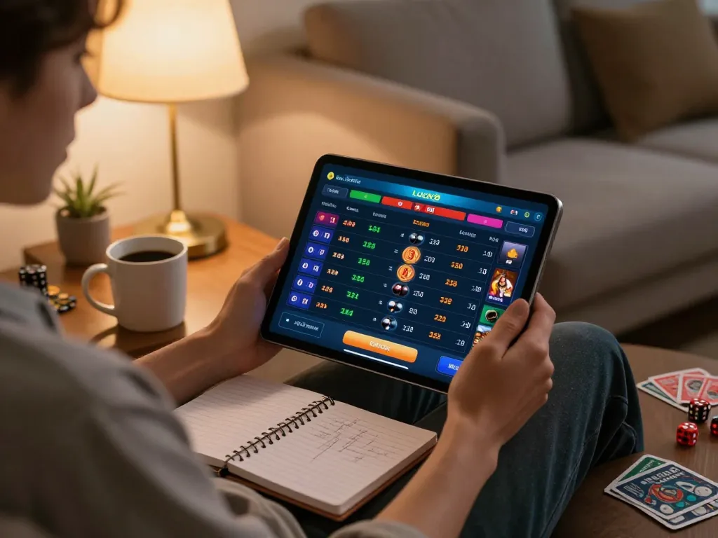 Engaging in live betting on luck8 with an interactive tablet at home, creating a cozy online gambling atmosphere