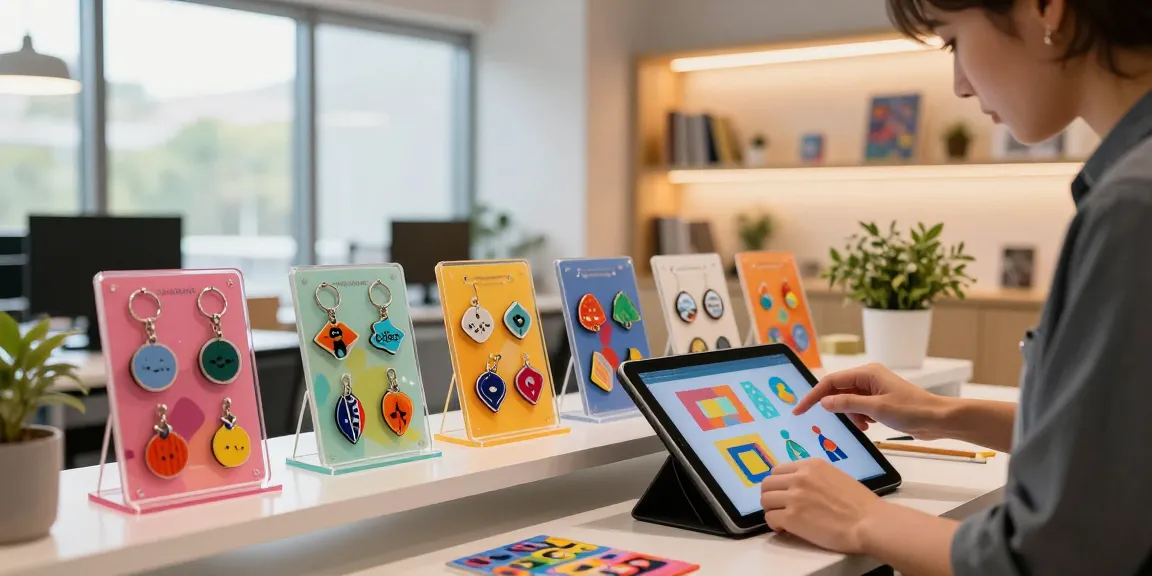 Custom acrylic standee display in a creative workspace showcasing vibrant designs.