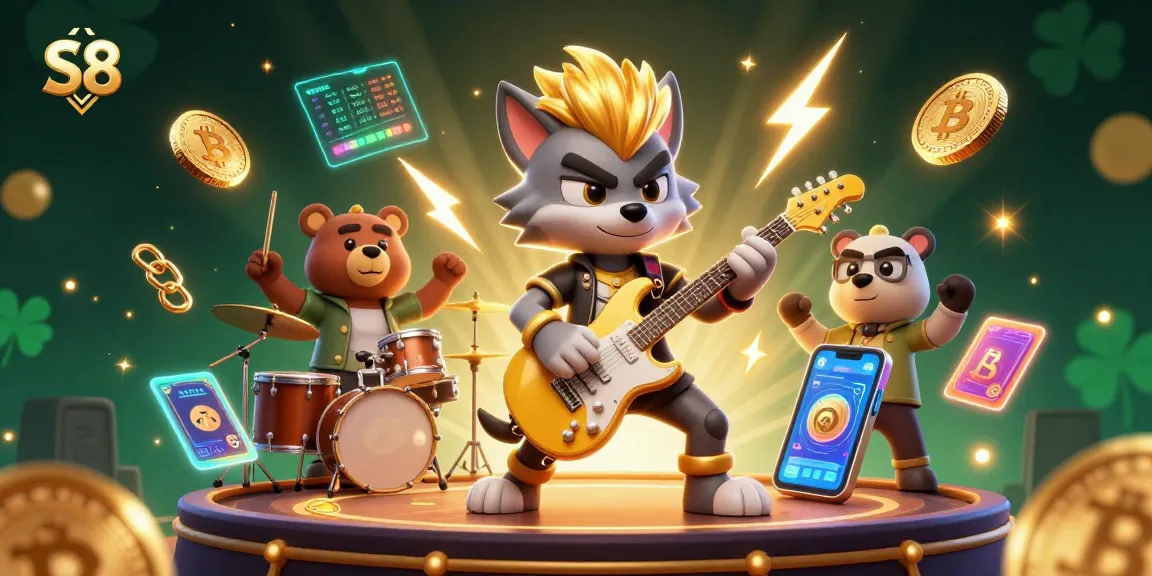 S8 players enjoying vibrant casino action with cartoon characters and crypto elements in a dynamic digital art scene.