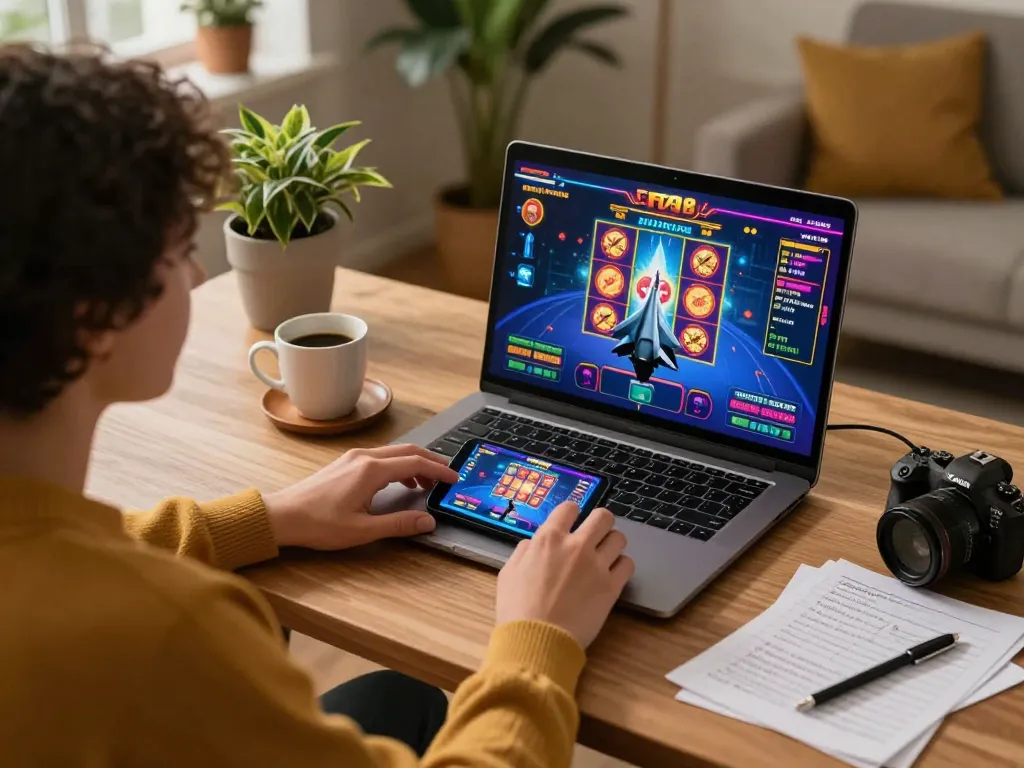 Engaging in F168 online casino gaming at a modern home setup with a laptop and smartphone.