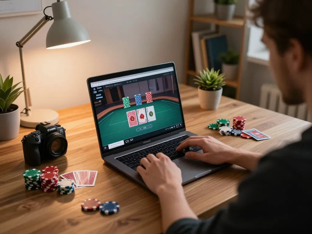 Player engaged in a strategic online poker game on HZ88, showcasing focused gameplay and cozy home setting.