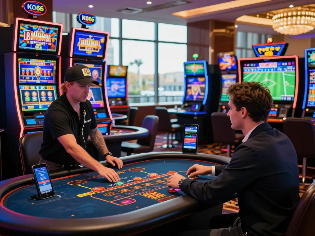 Engaging online gaming atmosphere at KO66 casino featuring live dealers and vibrant slot machines.