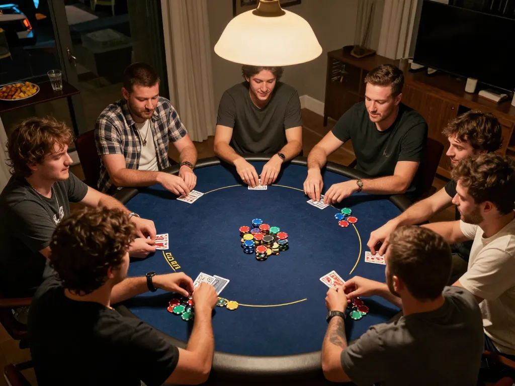 Luckywin poker night with friends playing Texas Hold'em in warm ambiance, chips and drinks around