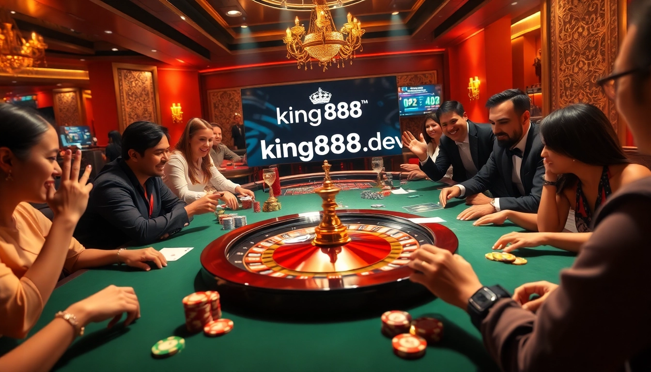 Experience the excitement of gambling at king888.dev with players enjoying poker and roulette in a luxurious setting.