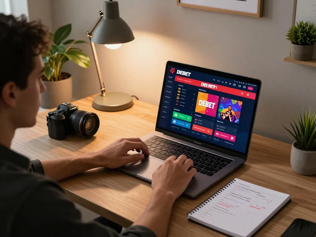 Engaging user exploring DEBET sports betting features on a laptop in a cozy home office