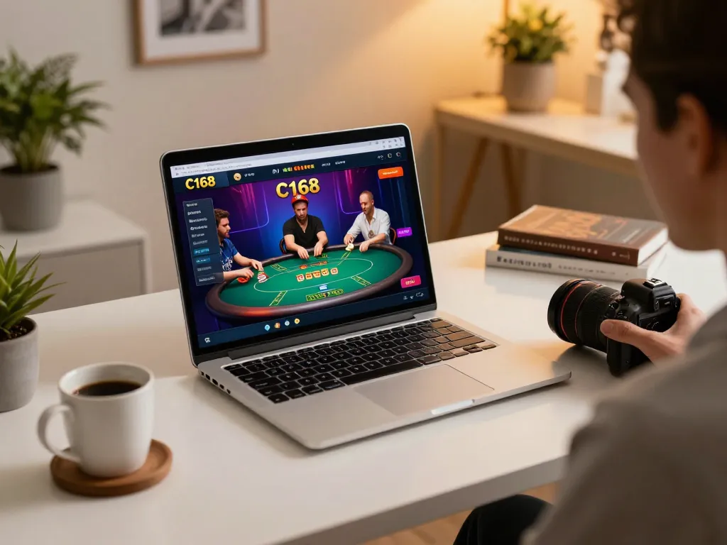 C168 online gaming setup with a player engaged in poker strategy at home.