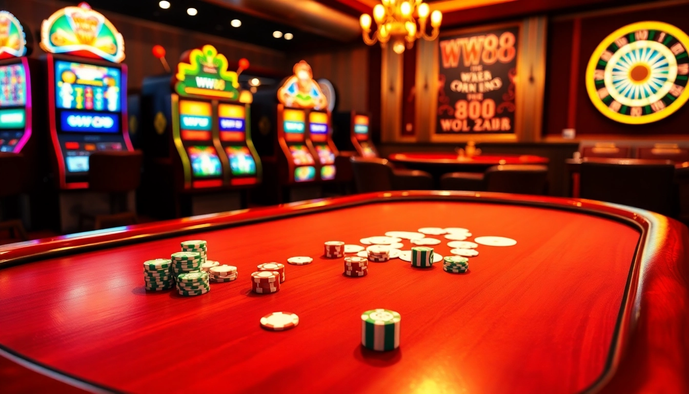 Experience thrilling moments at WW88's casino, featuring vibrant poker tables and slots.