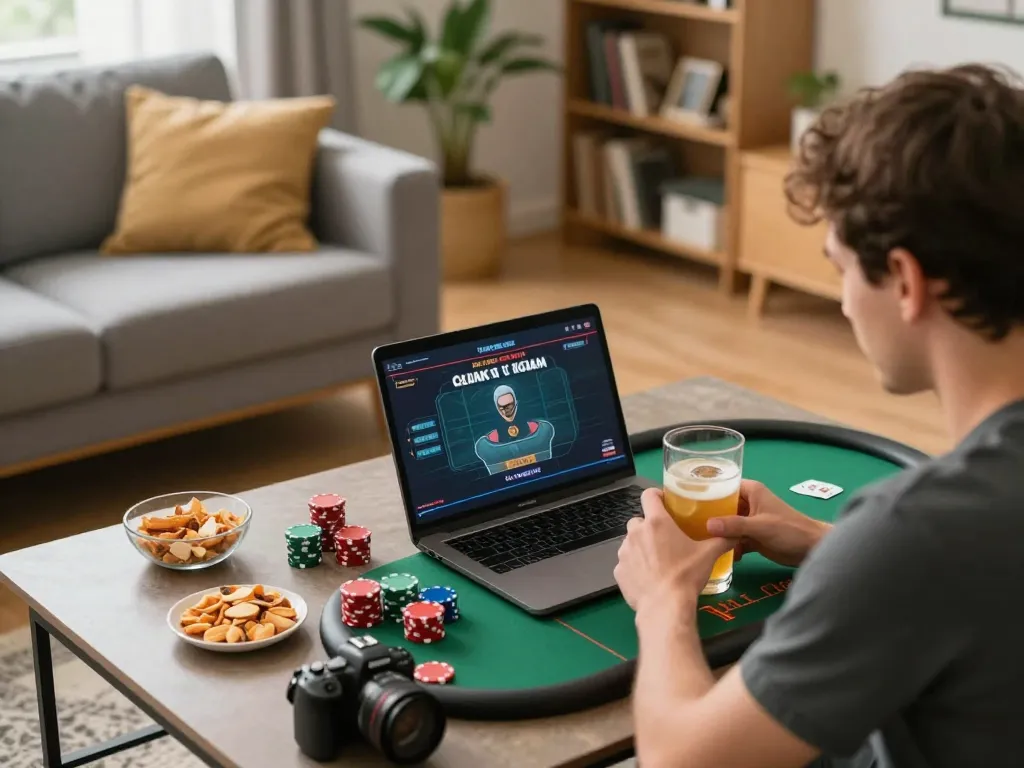 Player engaging with online poker game on tg88.com in a cozy living room setup, highlighting responsible gaming.