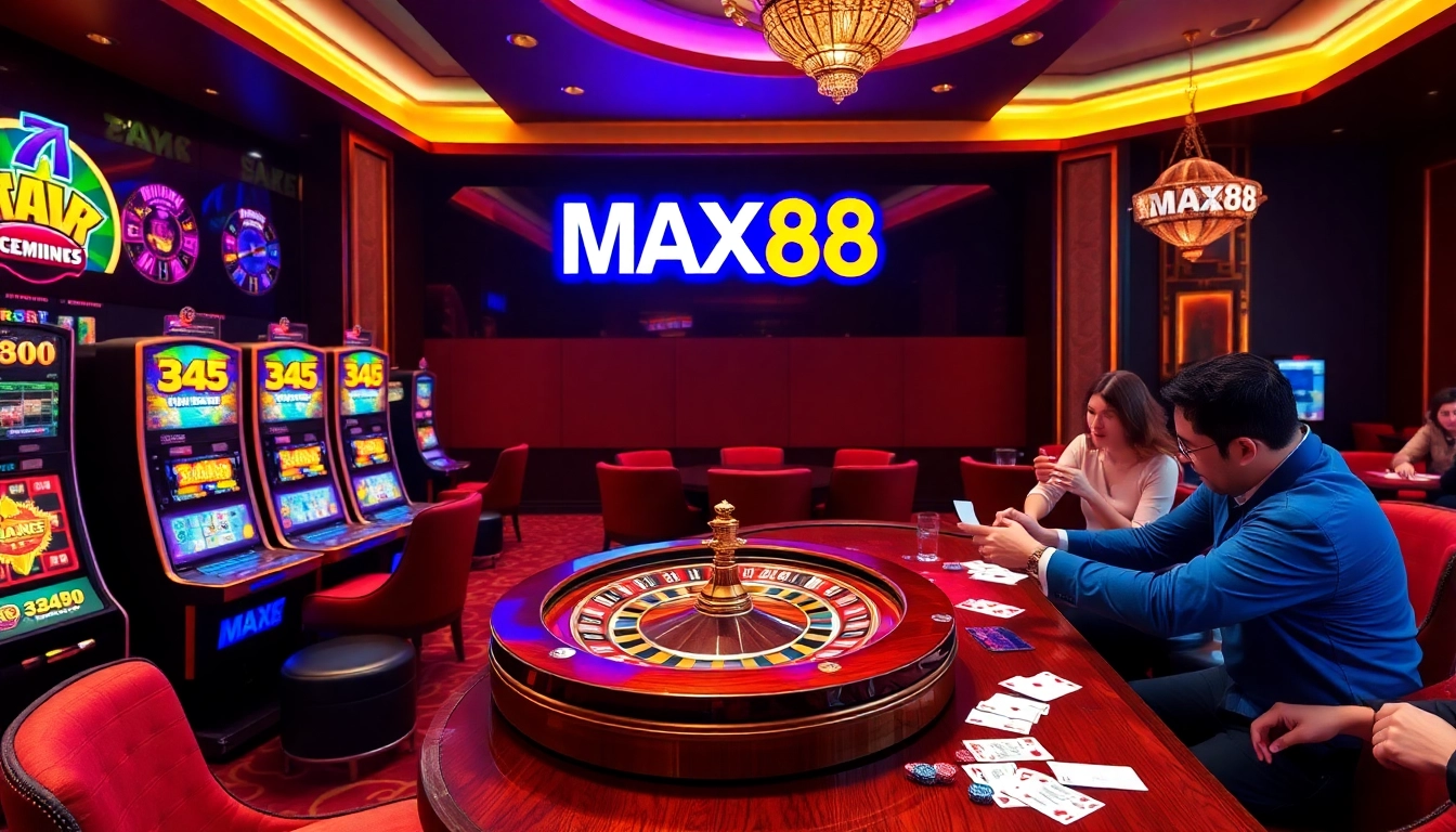 Experience the excitement at MAX88's vibrant casino, featuring slot machines and poker tables.