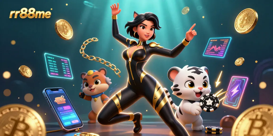 Engage with rr88me's vibrant casino atmosphere featuring a woman and a playful tiger amidst neon crypto elements.