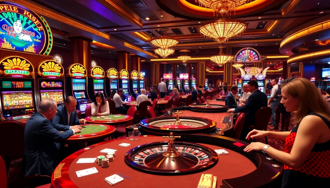 Players enjoying games at the QQ88 casino with vibrant tables and exciting slot machines.