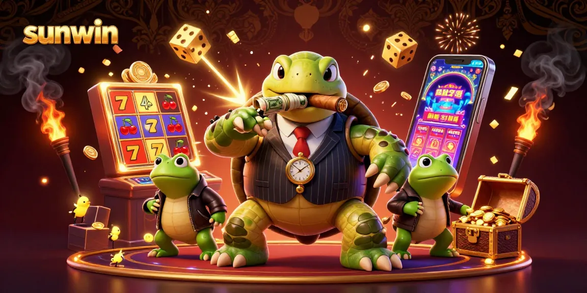 Engage with the vibrant world of sunwin casino featuring a whimsical scene with a snapping turtle and bullfrogs.